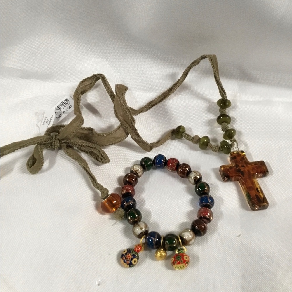 Free People ribbon and bead leopard cross pendant & Chakra bead elastic bracelet